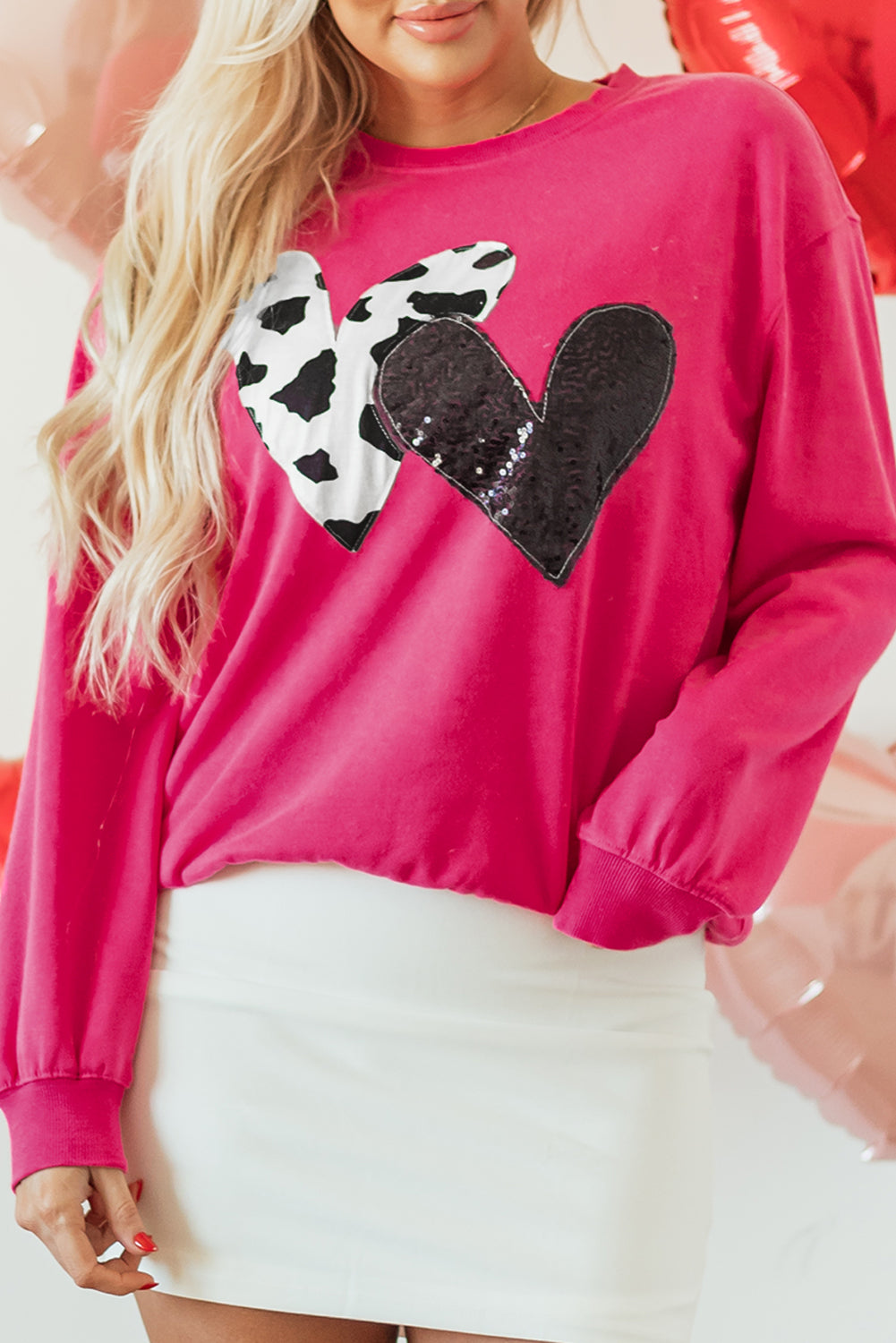 Strawberry Pink Double Heart Patch Graphic Sweatshirt