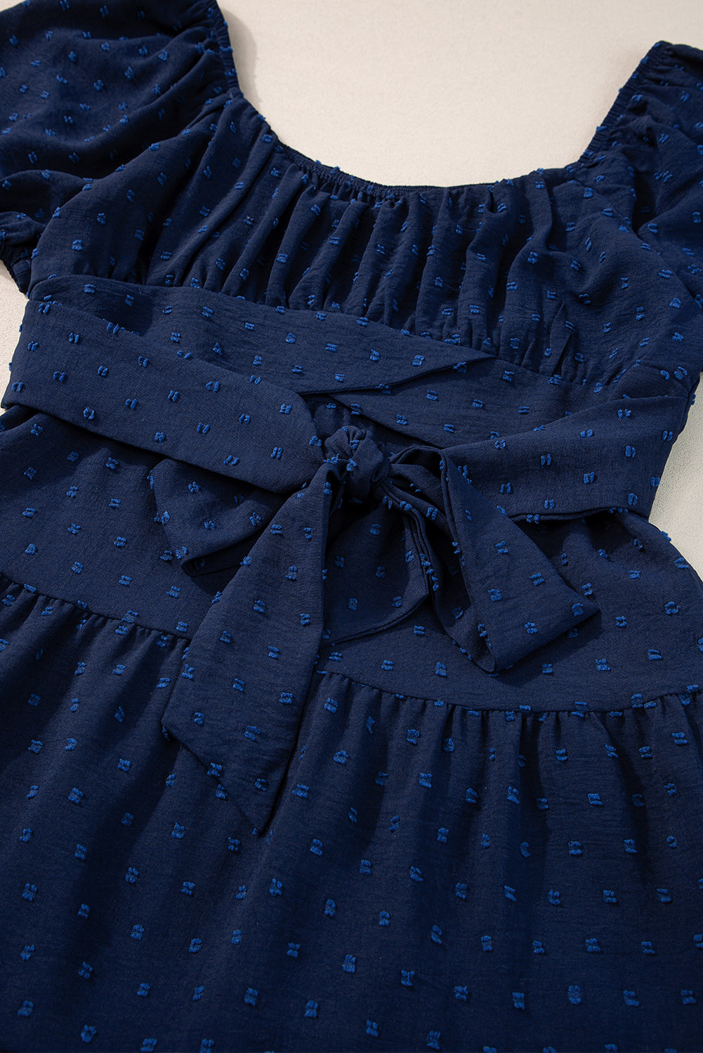 Navy Blue Swiss Dot Jacquard Puff Sleeve Dress