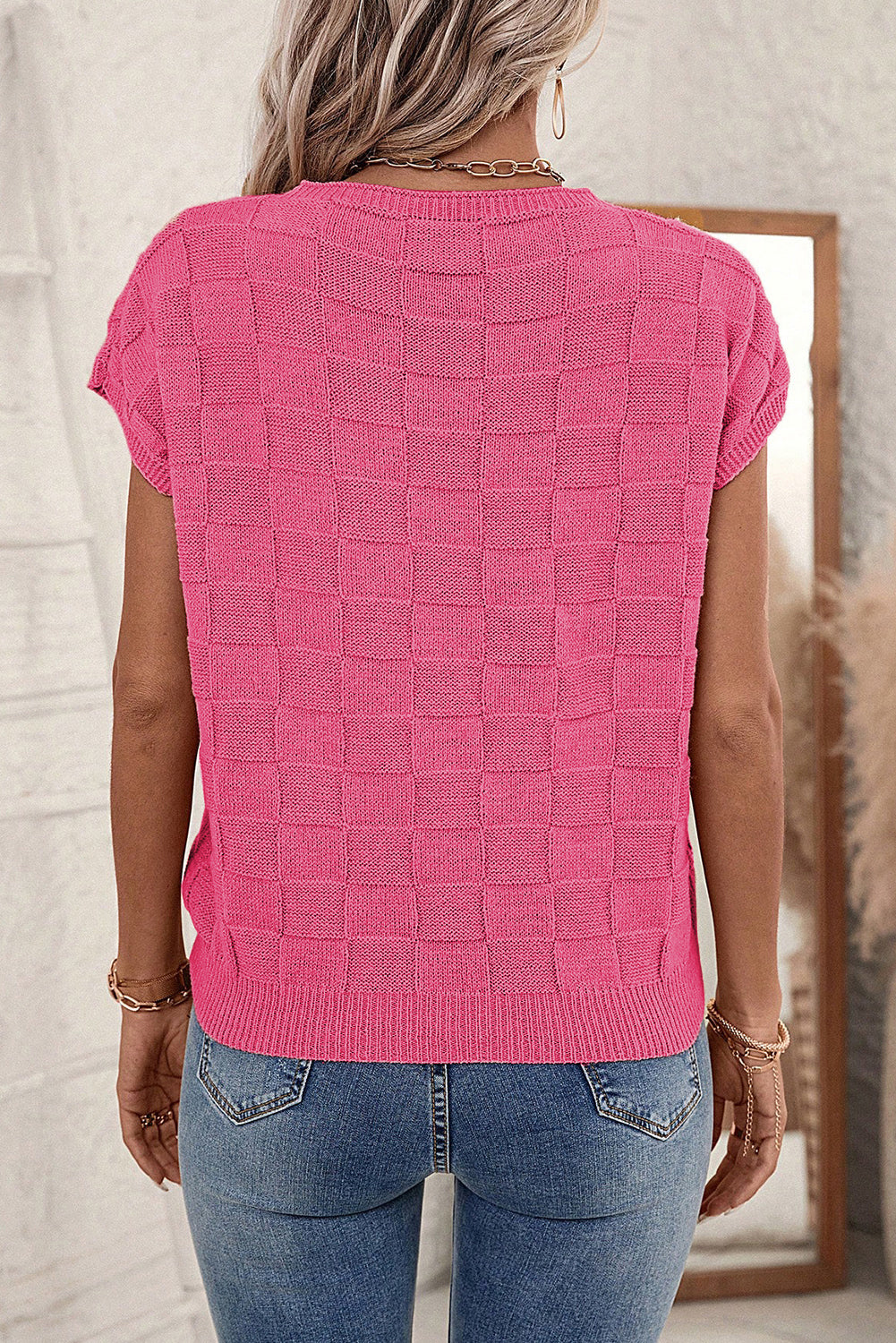 Bright Pink Lattice Knit Short Sleeve Sweater