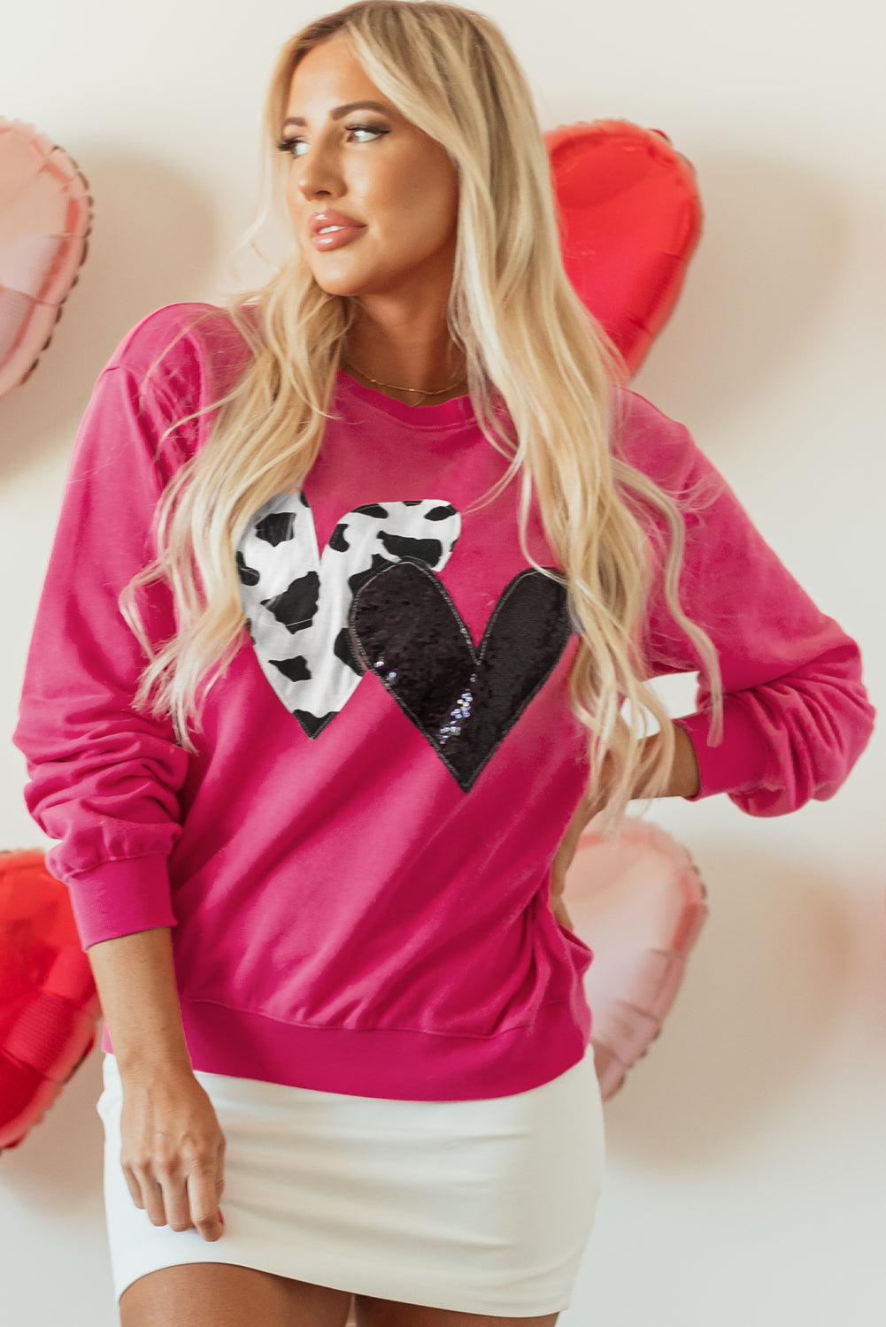 Strawberry Pink Double Heart Patch Graphic Sweatshirt