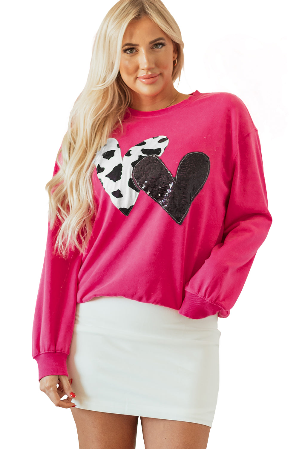 Strawberry Pink Double Heart Patch Graphic Sweatshirt