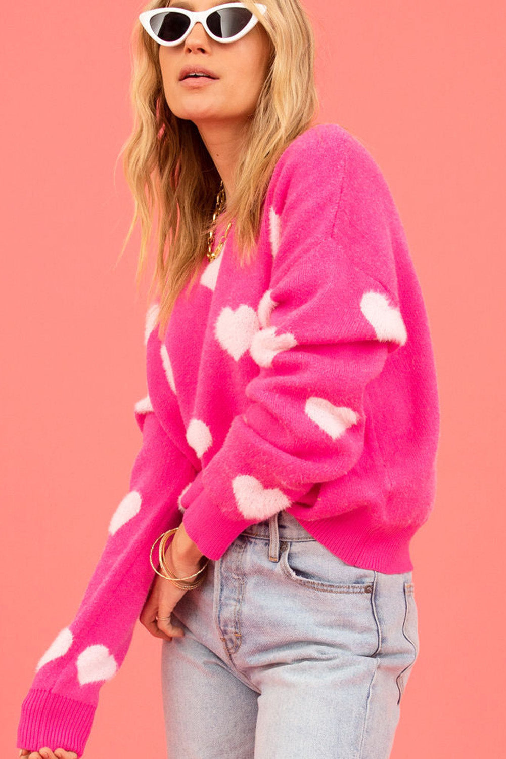 Bright Pink Fuzzy Hearts Drop Shoulder Sweater