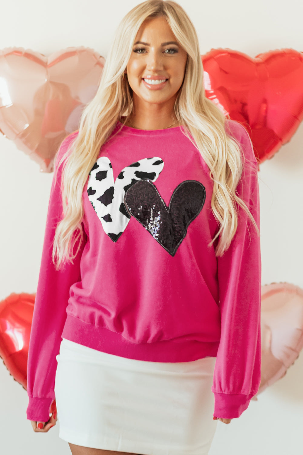 Strawberry Pink Double Heart Patch Graphic Sweatshirt