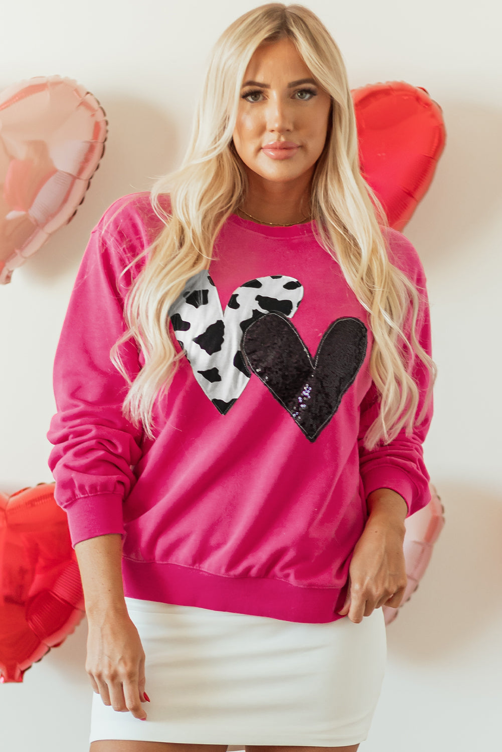 Strawberry Pink Double Heart Patch Graphic Sweatshirt