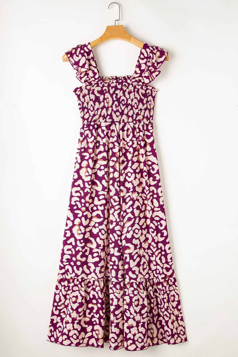 Rose Leopard Ruffle Strap Smocked High Waist  Dress