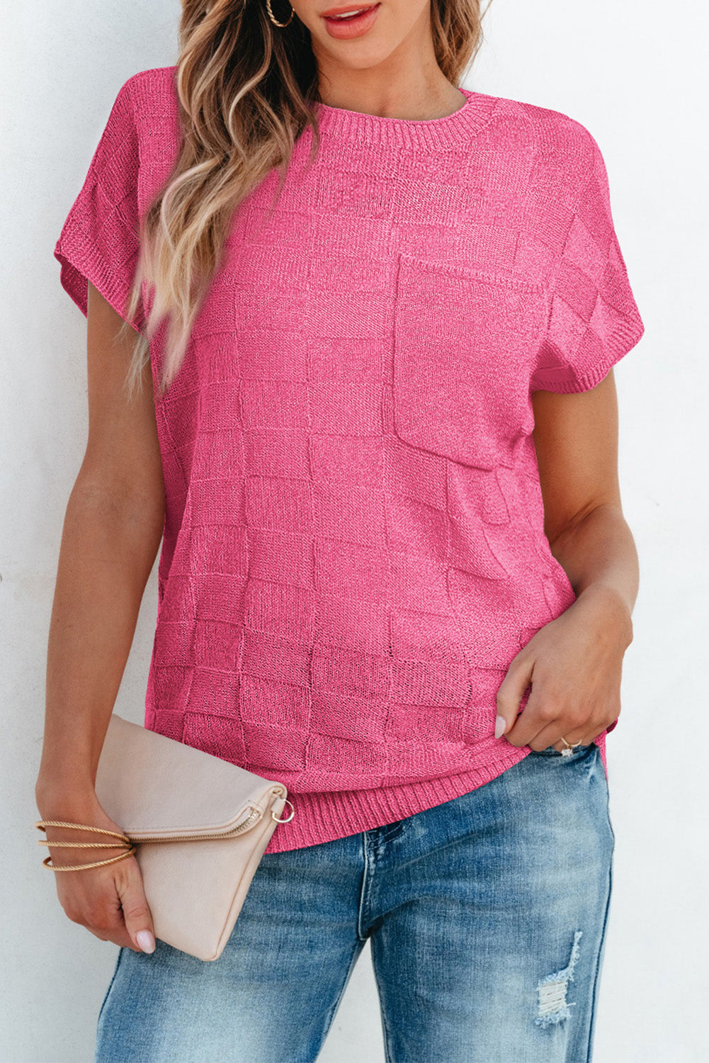 Bright Pink Lattice Knit Short Sleeve Sweater