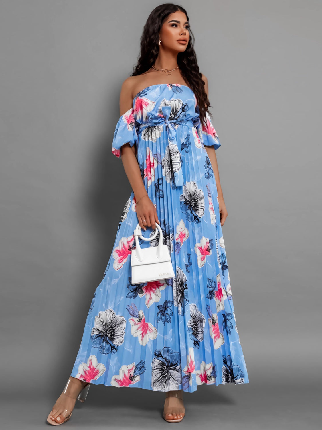 Pleated Floral Off-Shoulder Dress