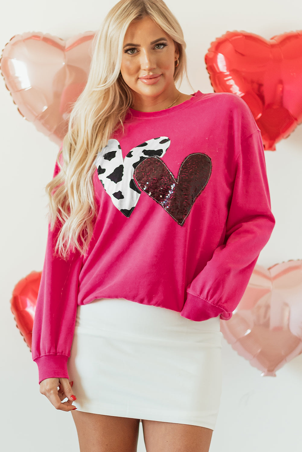 Strawberry Pink Double Heart Patch Graphic Sweatshirt