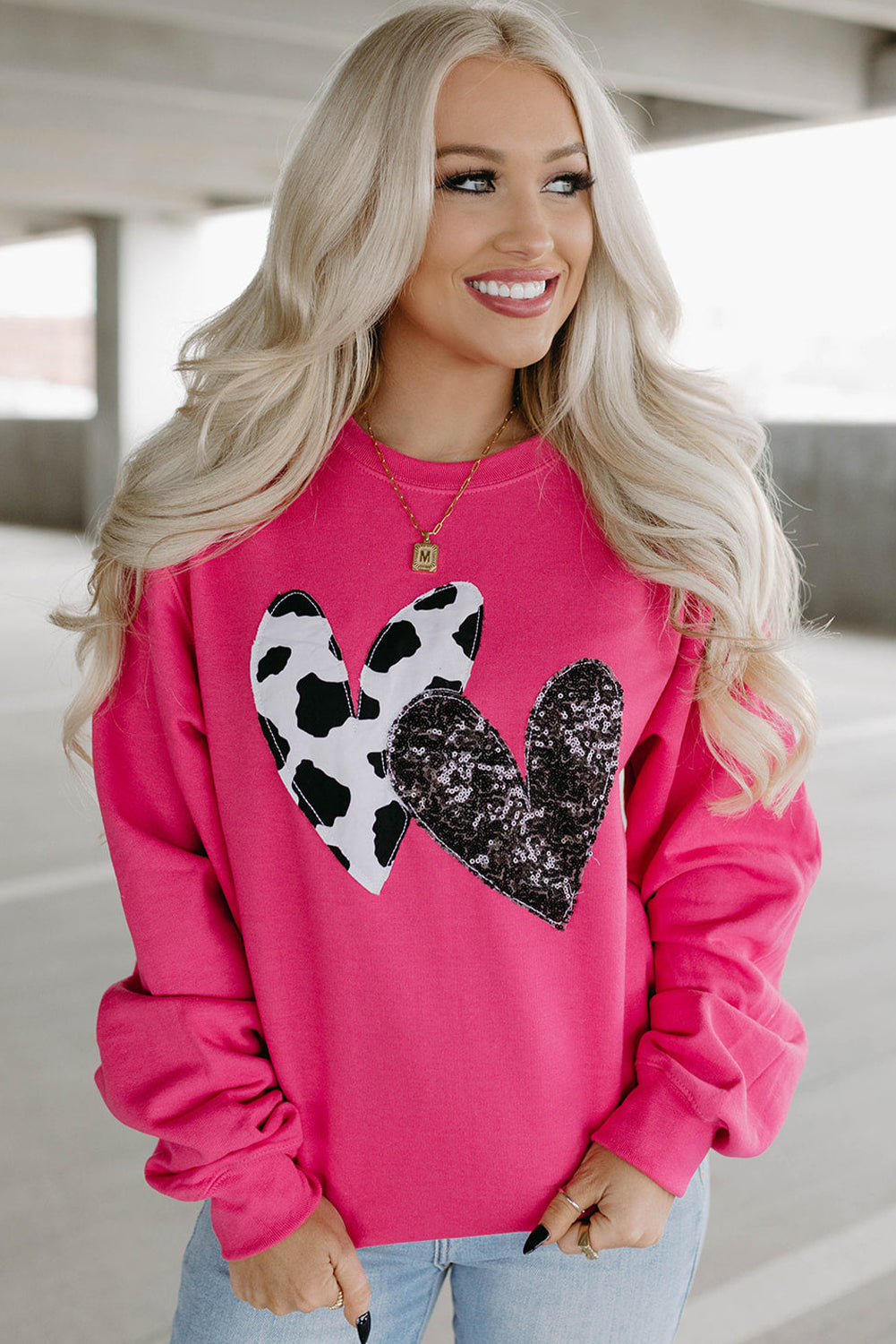 Strawberry Pink Double Heart Patch Graphic Sweatshirt