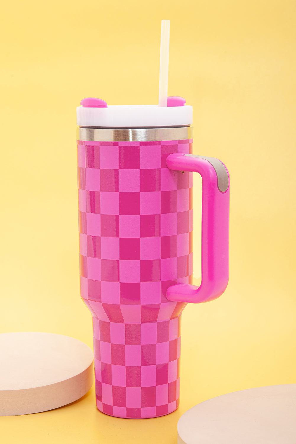 Bright Pink Checkered Print Stainless Steel Tumbler