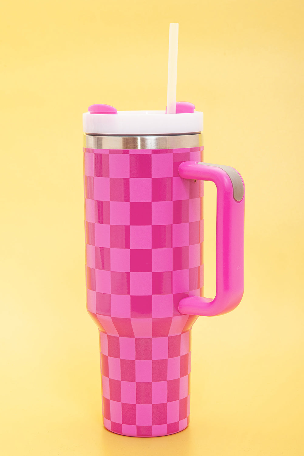 Bright Pink Checkered Print Stainless Steel Tumbler