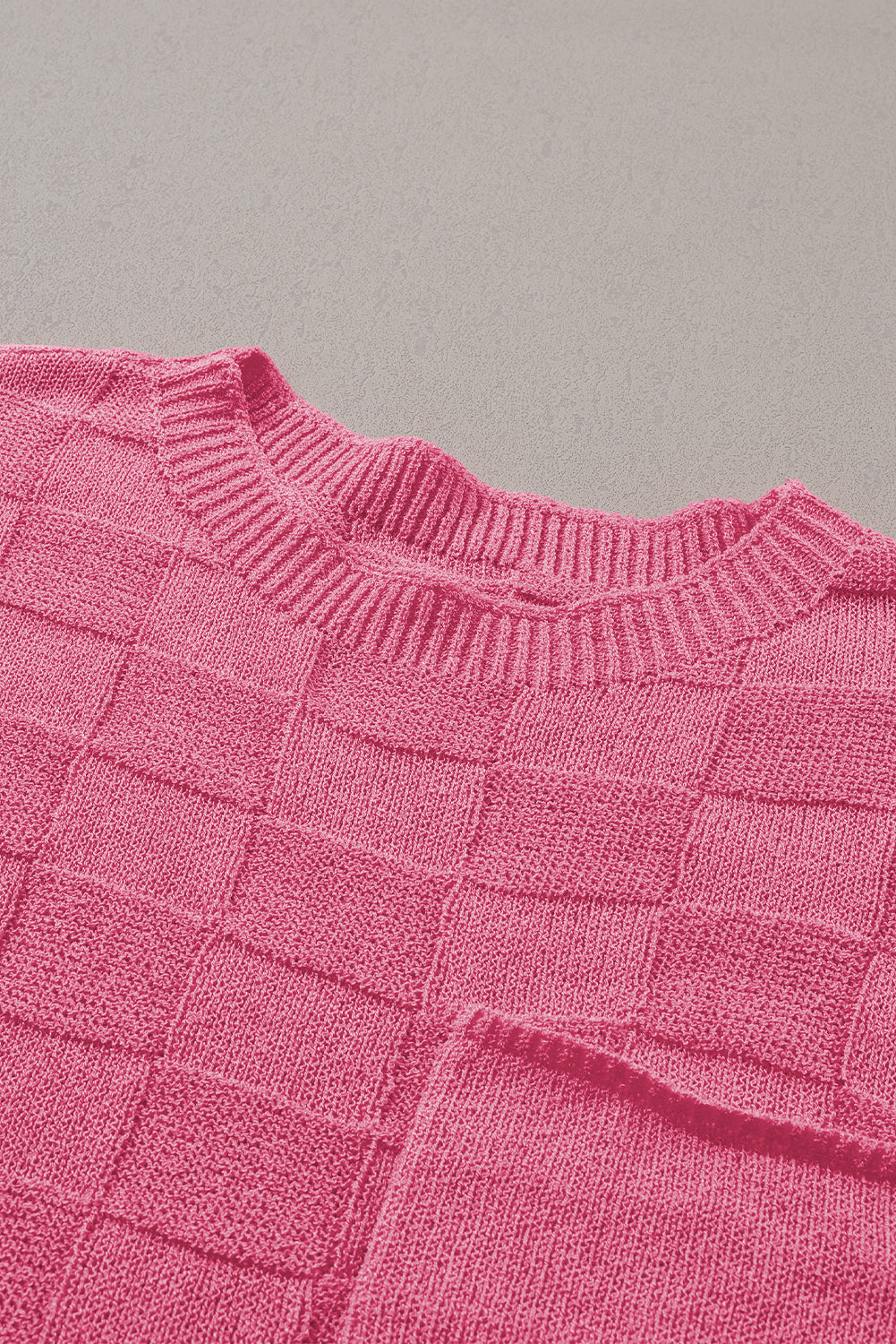 Bright Pink Lattice Knit Short Sleeve Sweater