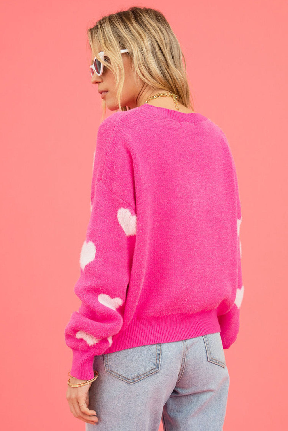 Bright Pink Fuzzy Hearts Drop Shoulder Sweater
