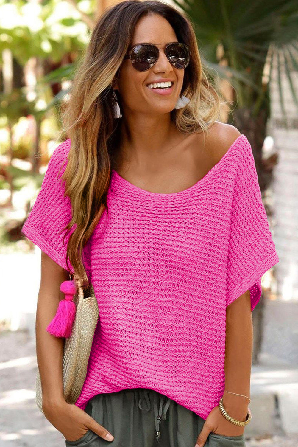 Gretchen Pink Knit Short Dolman Sleeve Sweater