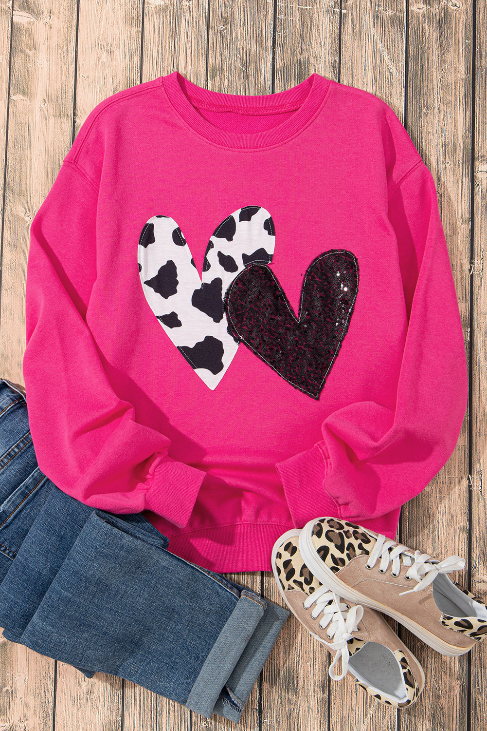 Strawberry Pink Double Heart Patch Graphic Sweatshirt