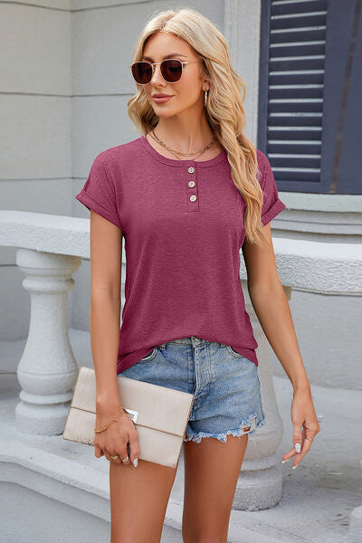 Rolled Sleeve Buttoned T-Shirt