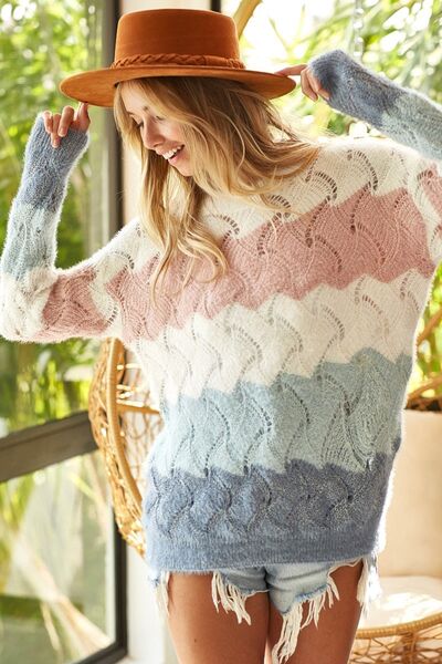 Color Block Open-Weave Long Sleeve Sweater