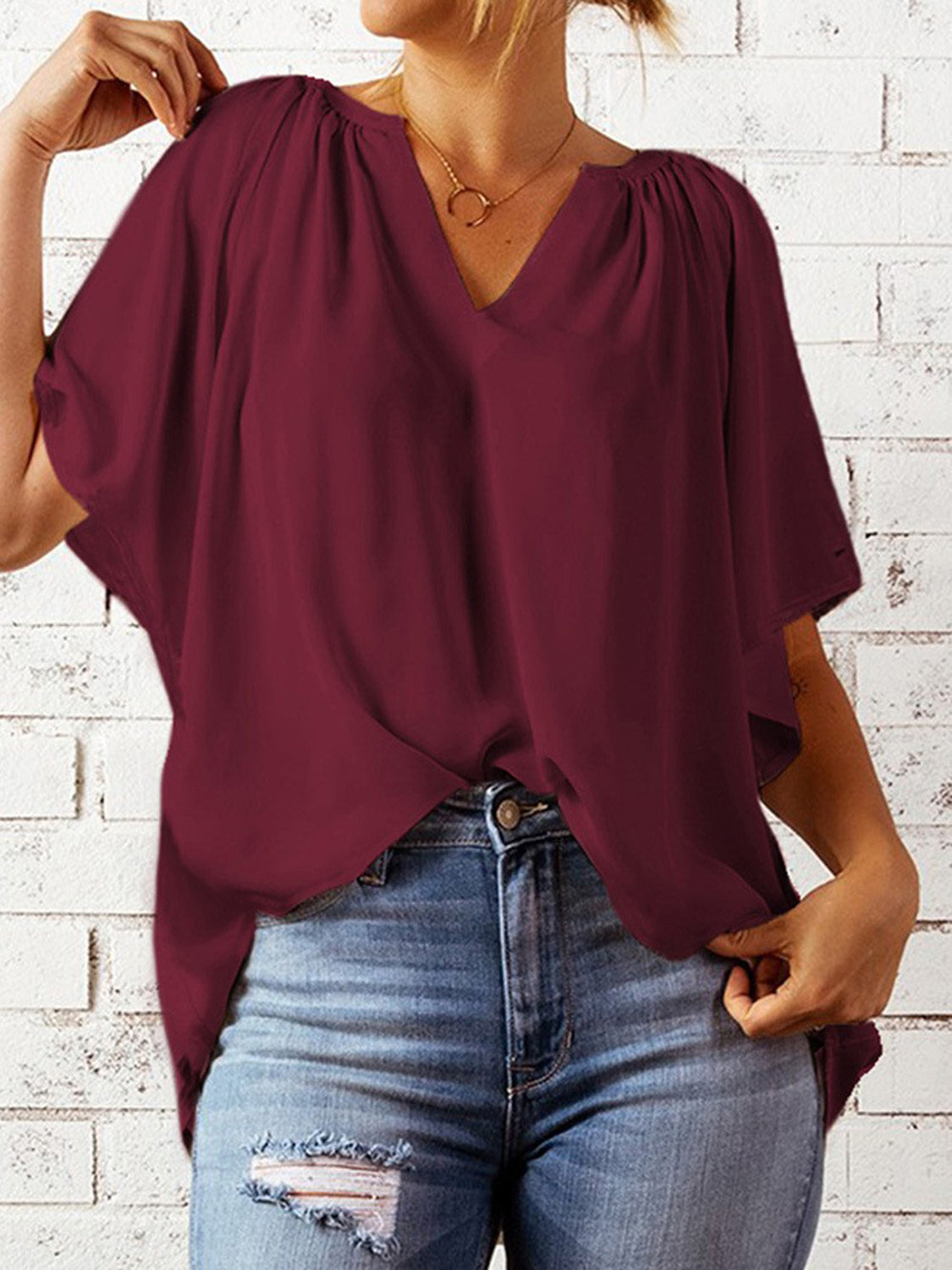 Nora Notched Half Sleeve Blouse