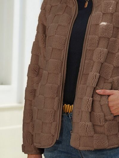 Fuzzy Checkered Zip-Up Jacket