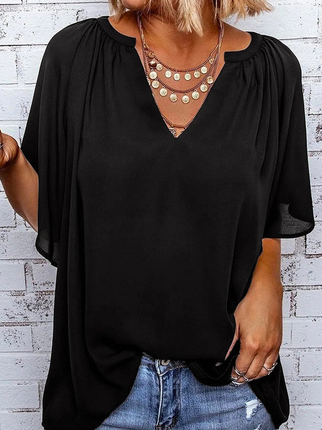 Nora Notched Half Sleeve Blouse